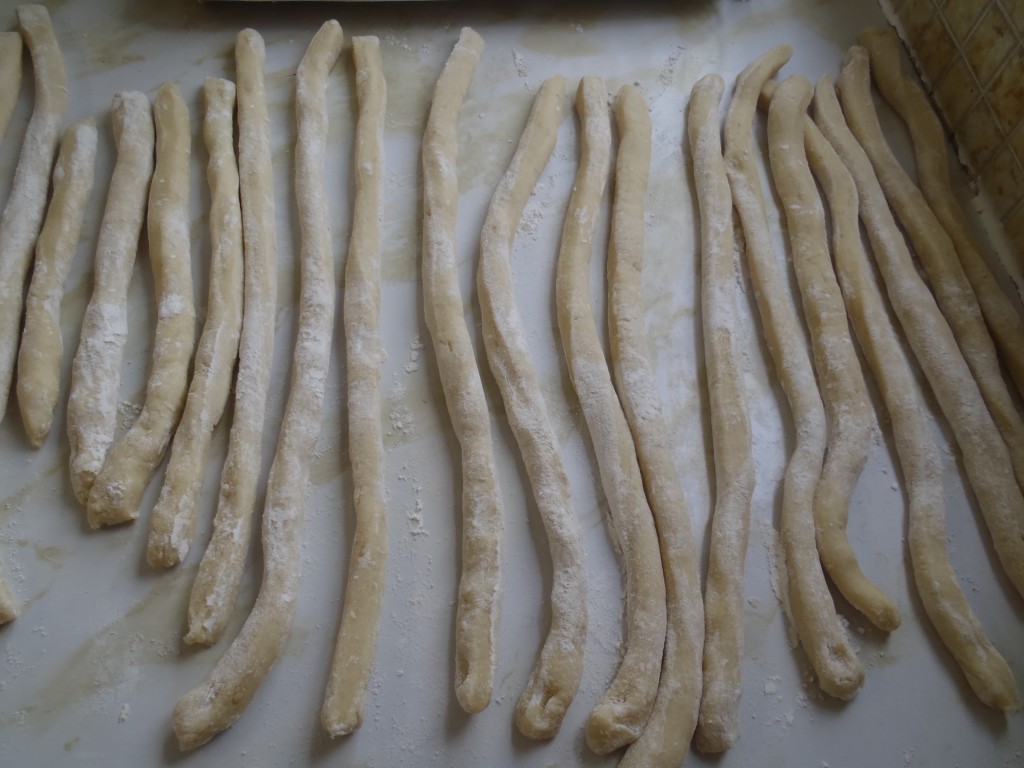 Strips of dough for potato dumplings