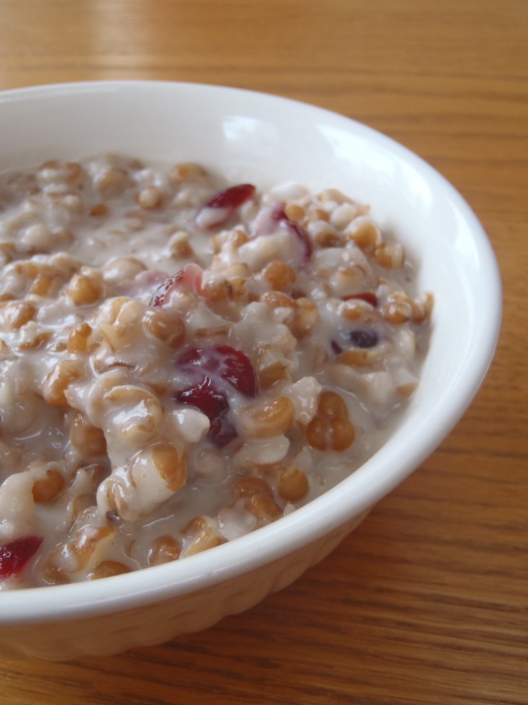 A bowl of wheat pudding, or kutia, with dried cranberries
