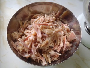 The pulled rabbit meat