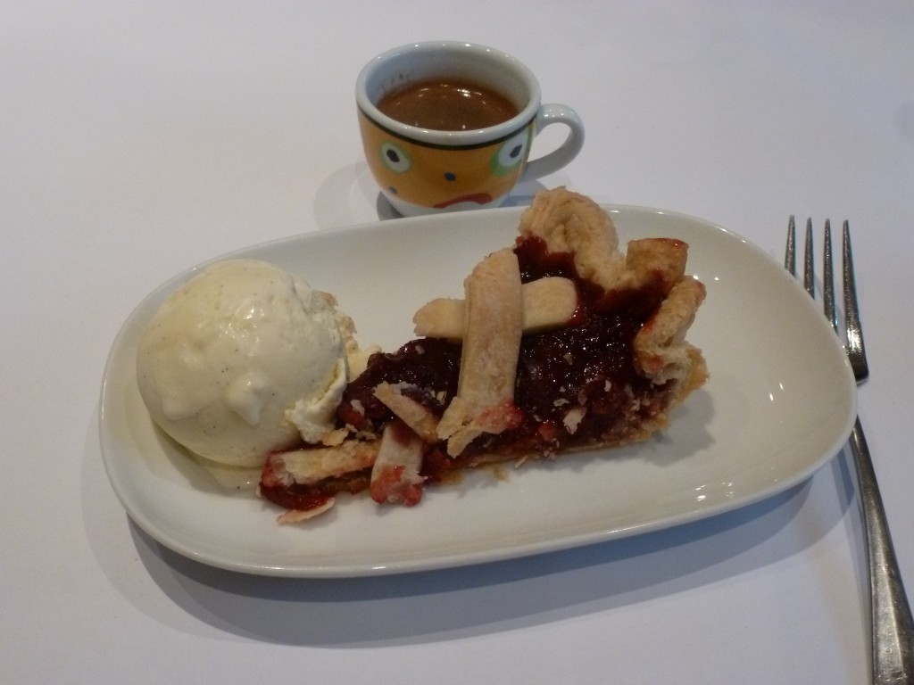 Evans cherry pie with coffee and ice cream