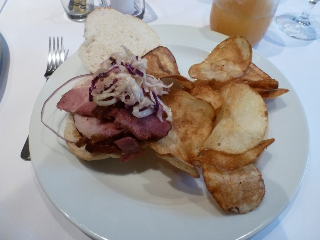 Pork bunwich and homemade potato chips