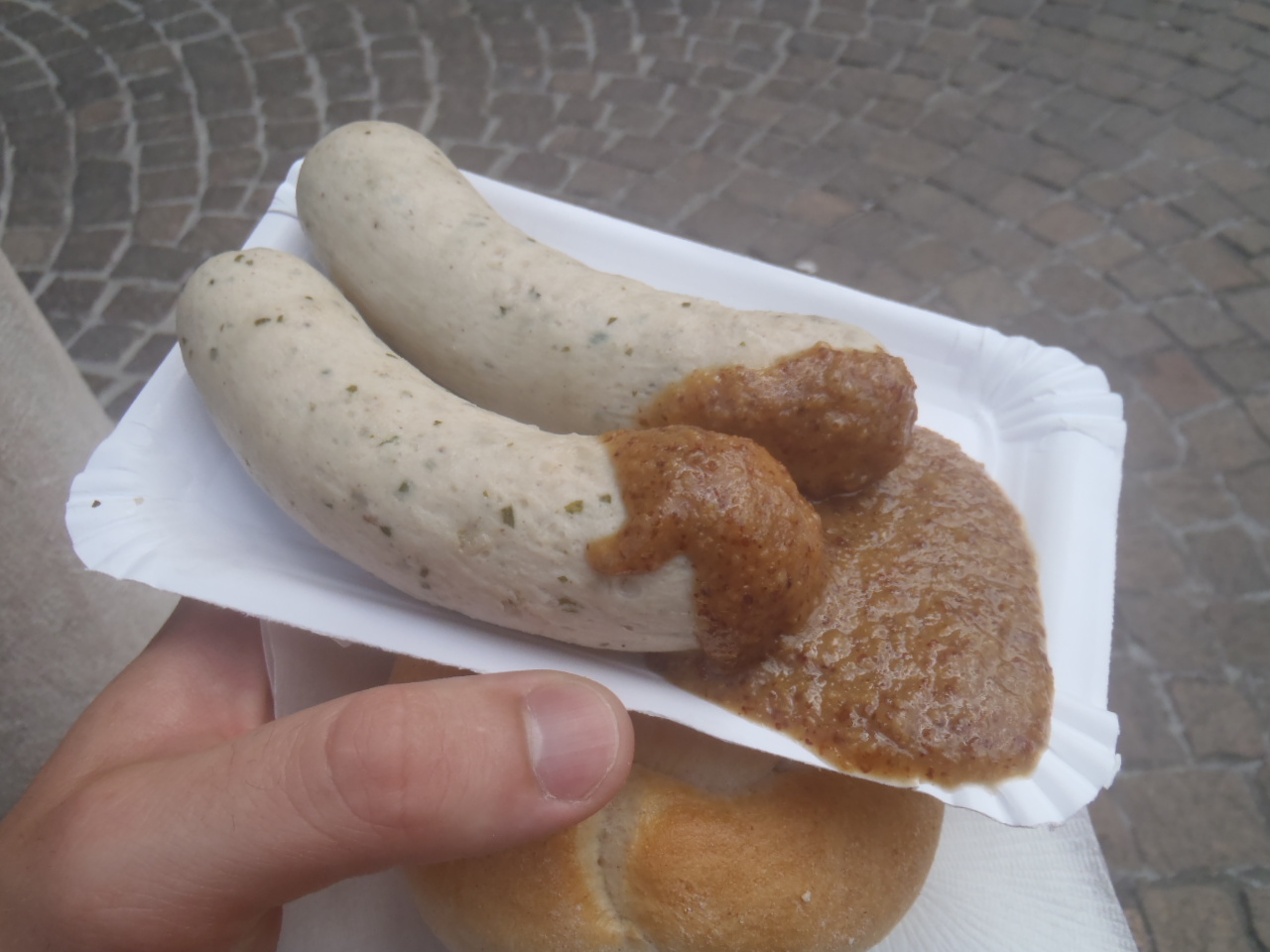 A pair of weisswurst from a sausage stand in Salzburg.