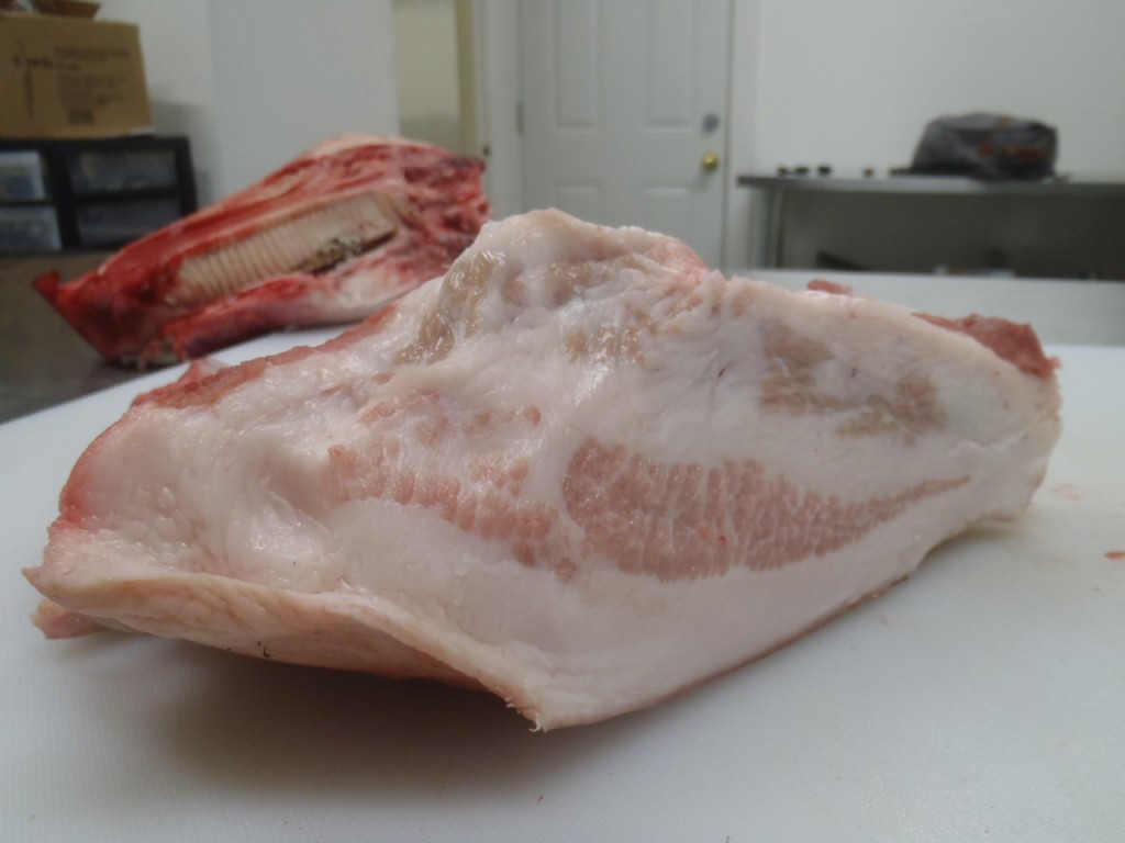 The side of the jowl, showing the fatty, streaky, bacon-like composition