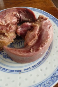 A brined, cooked, peeled pig's tongue