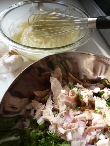 Making mayonnaise for chicken salad