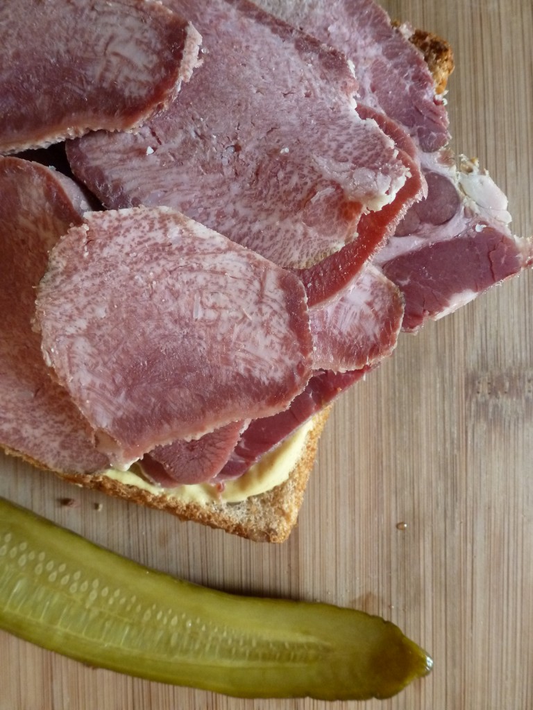 Corned beef tongue sandwich, with dill pickle