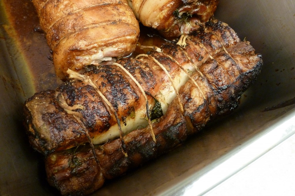Rolled, roasted pork belly