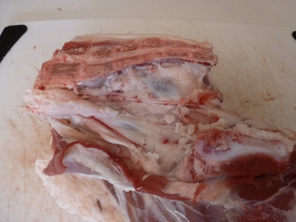 The exposed tailbone on a leg of lamb