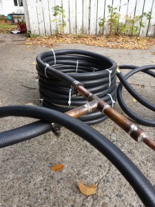 A counter-flow wort chiller made from rubber garden hose and soft copper tubing
