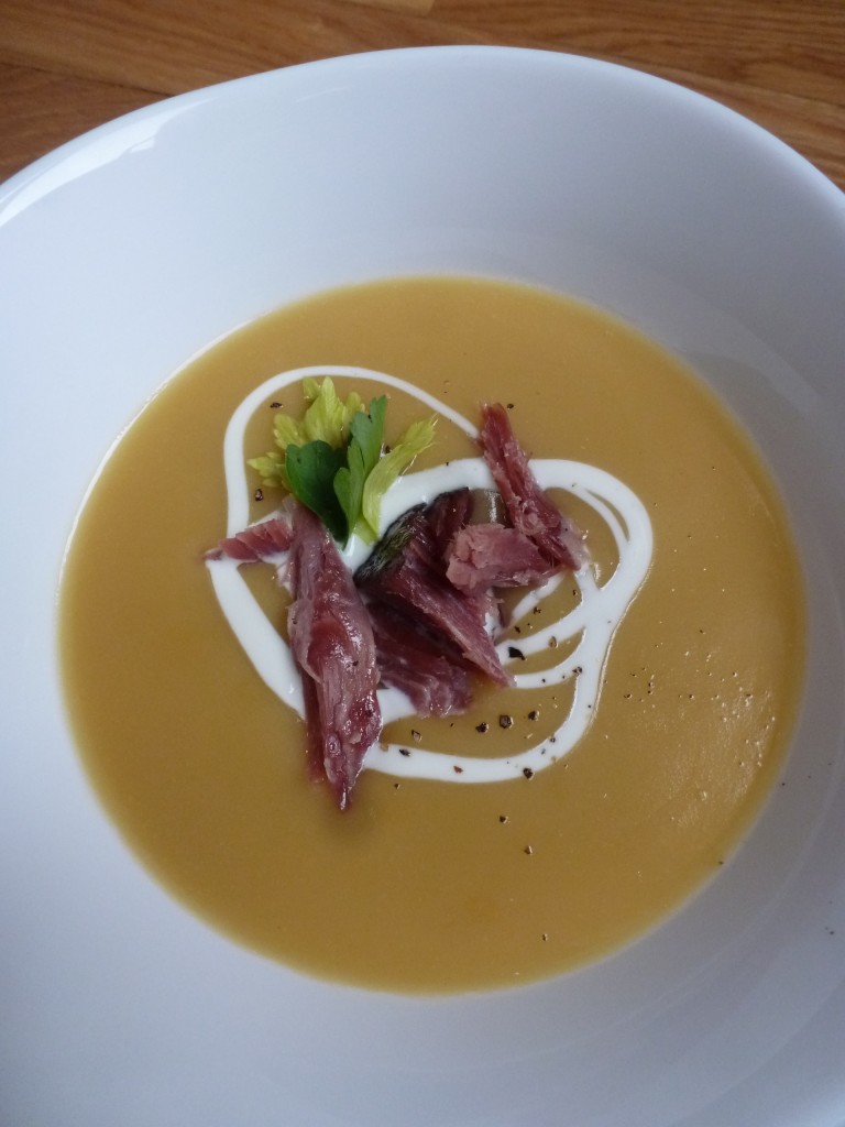Split-pea soup with ham hock and crème fraîche