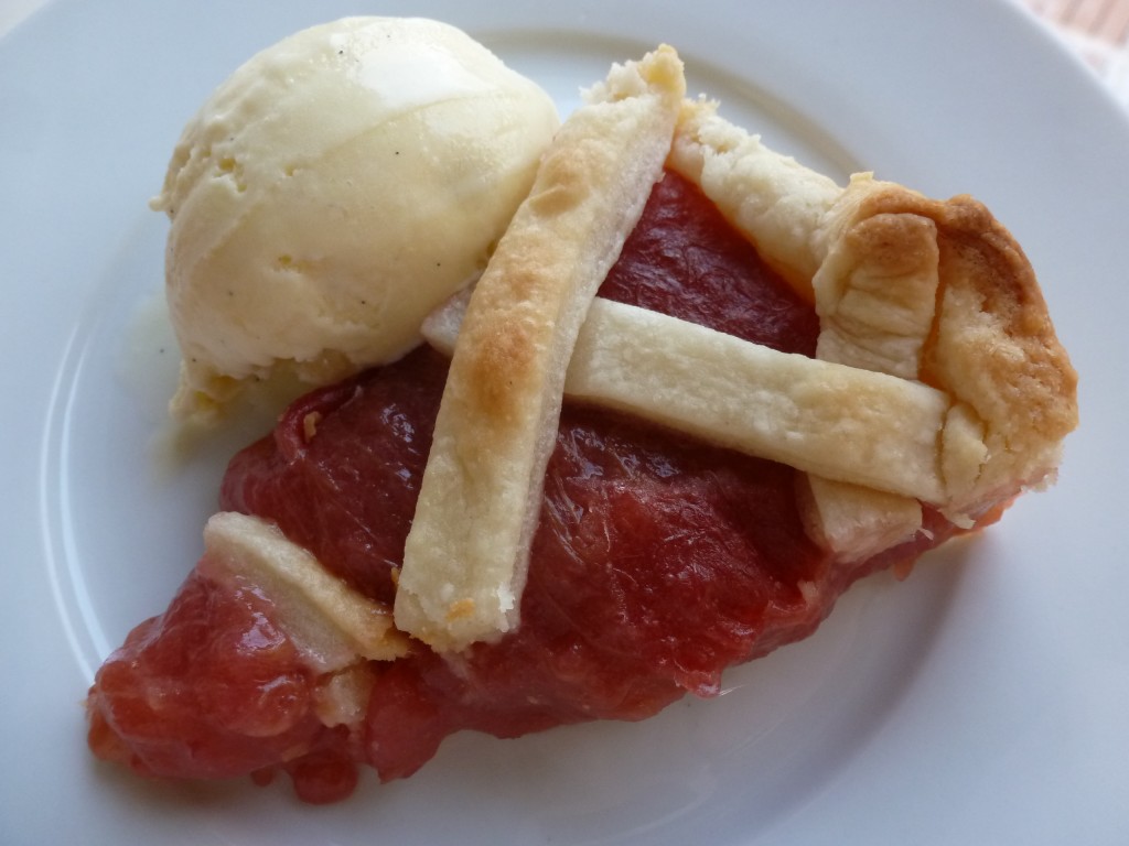 A slice of rhubarb pie and honey ice cream