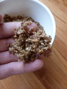 A fistful of spent grain, ready to be baked into bread