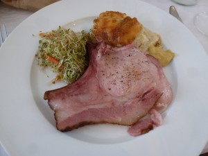 Easter ham, scallop potatoes, and a clover sprout salad
