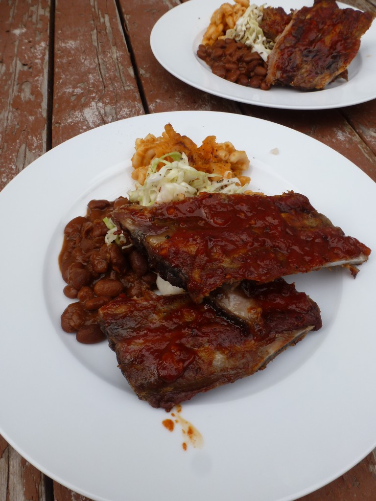 A plate of side ribs, with all the fixin's.