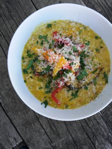 Squash and barley risotto with roasted autumn vegetables.