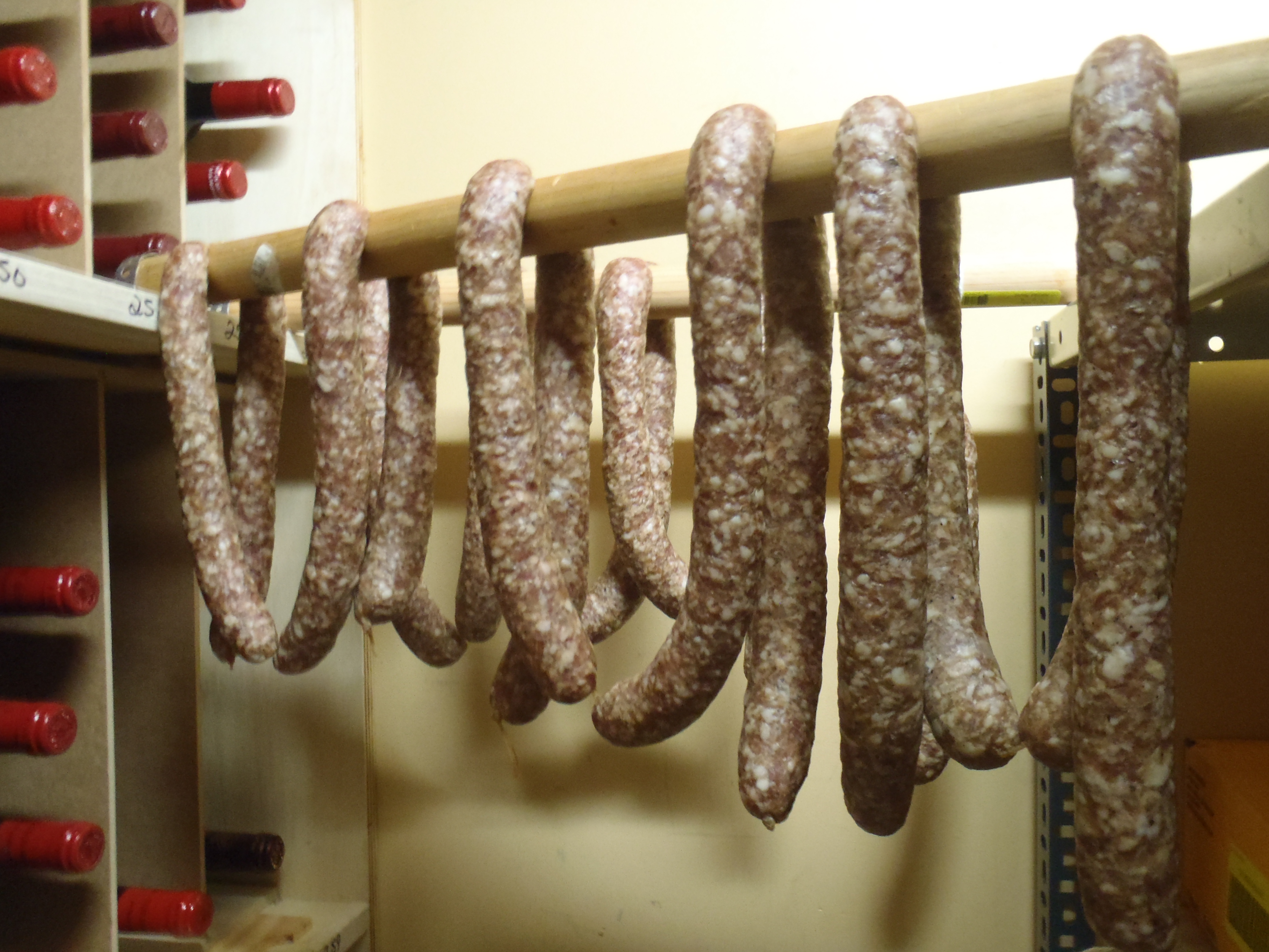 Hanging sausages to dry in a cellar