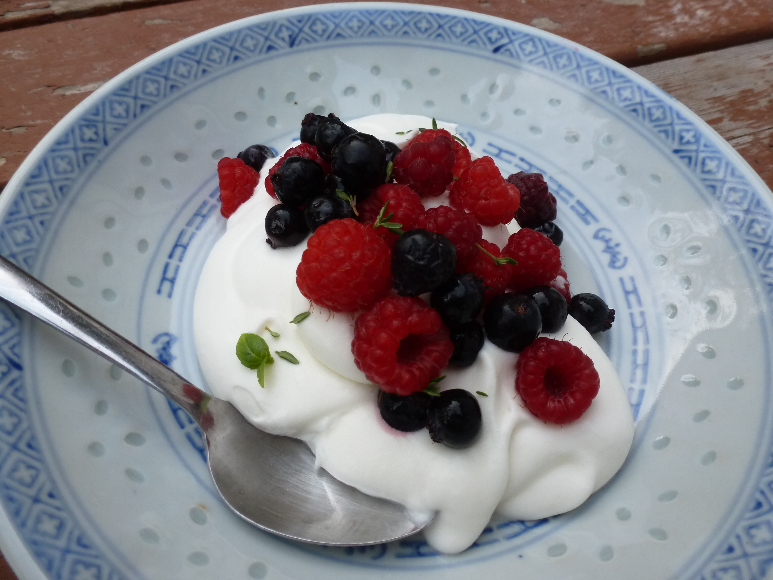 "Berries and Cream": saskatoons, raspberries, whipped posset, basil, thyme