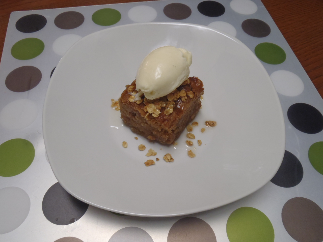 Oatcake soaked in maple syrup, with honey ice cream