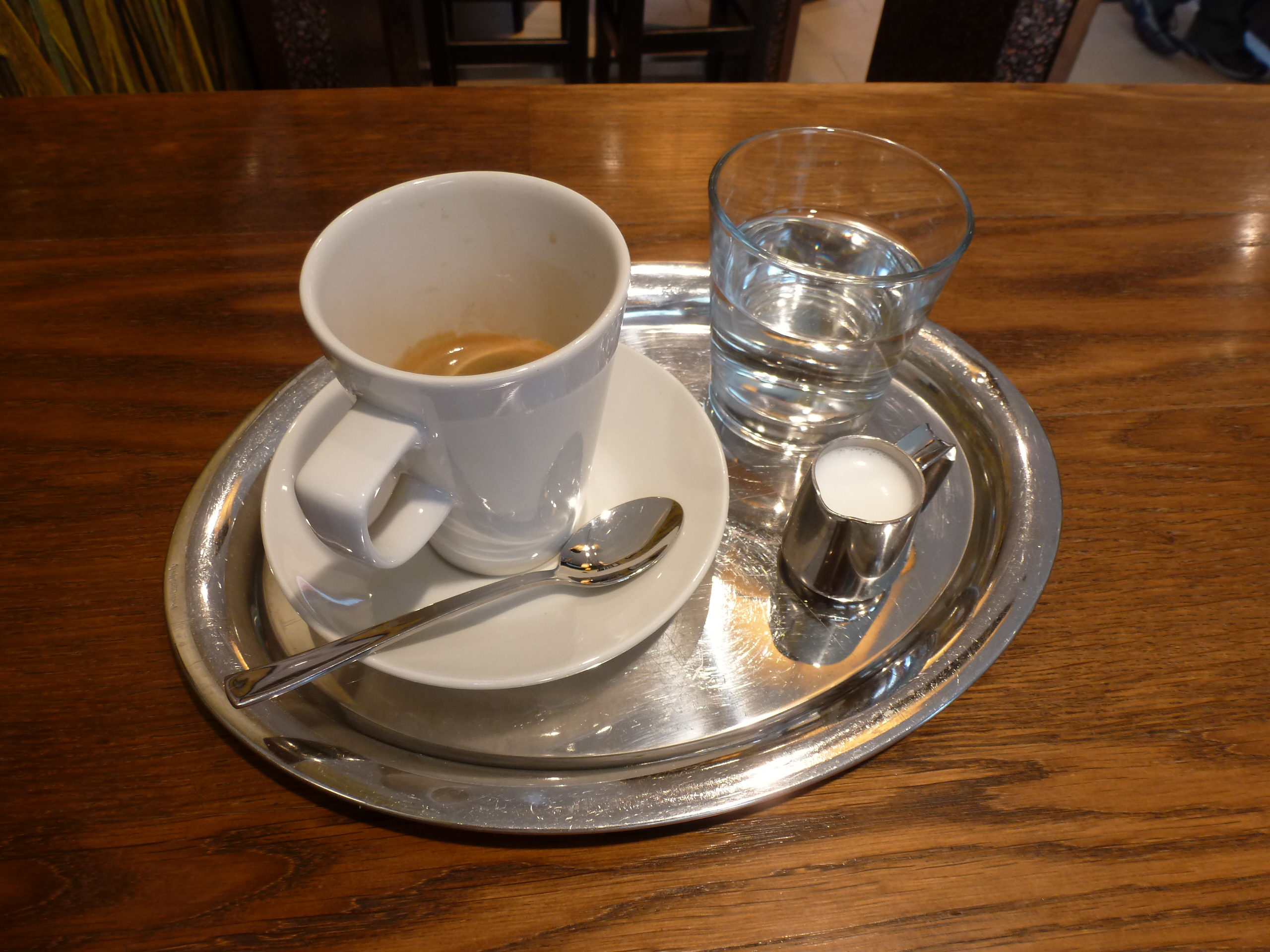 Traditional Viennese coffee service: silver tray, water, milk, and sometimes chocolate