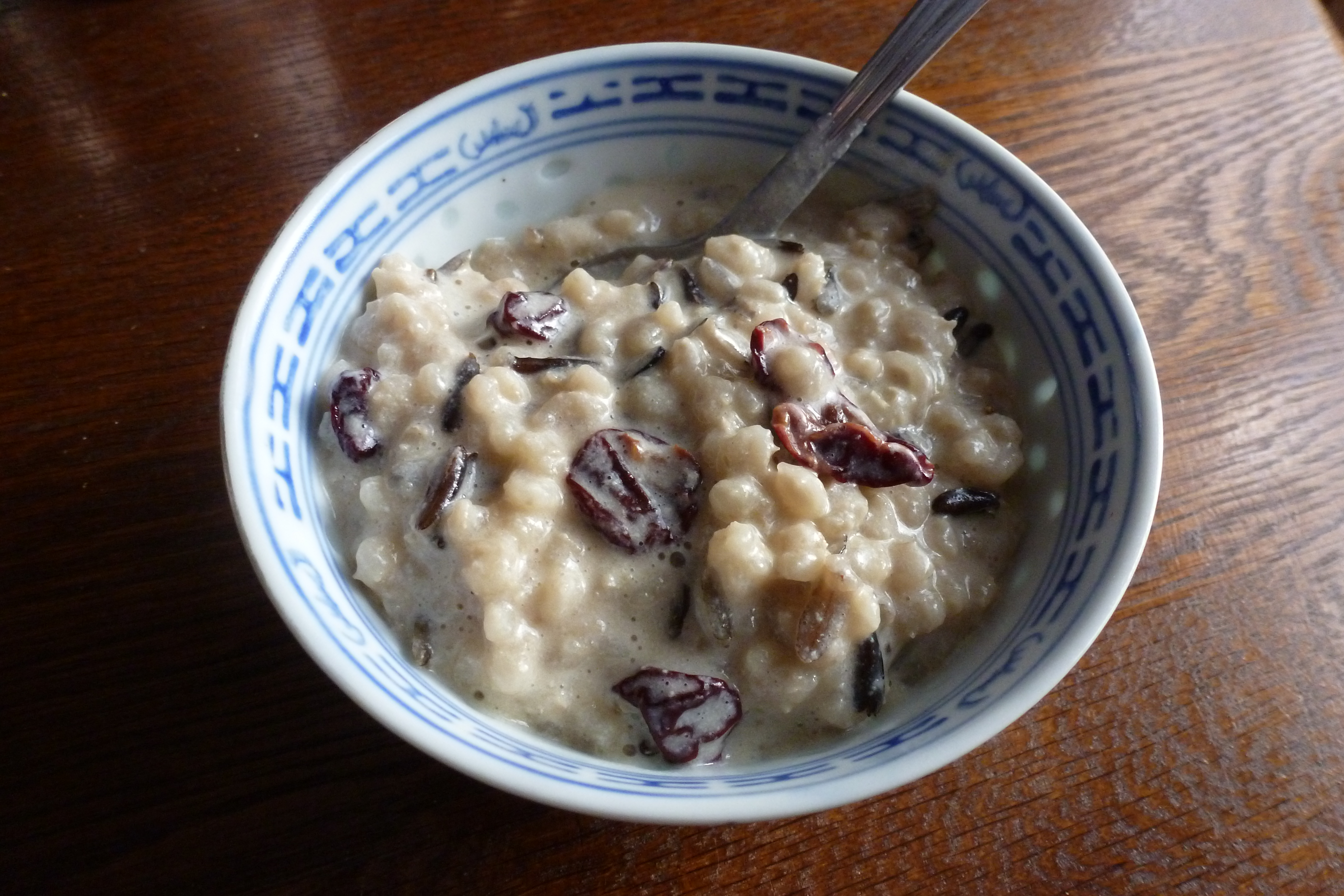Wild rice and barley pudding, with dried evans cherries