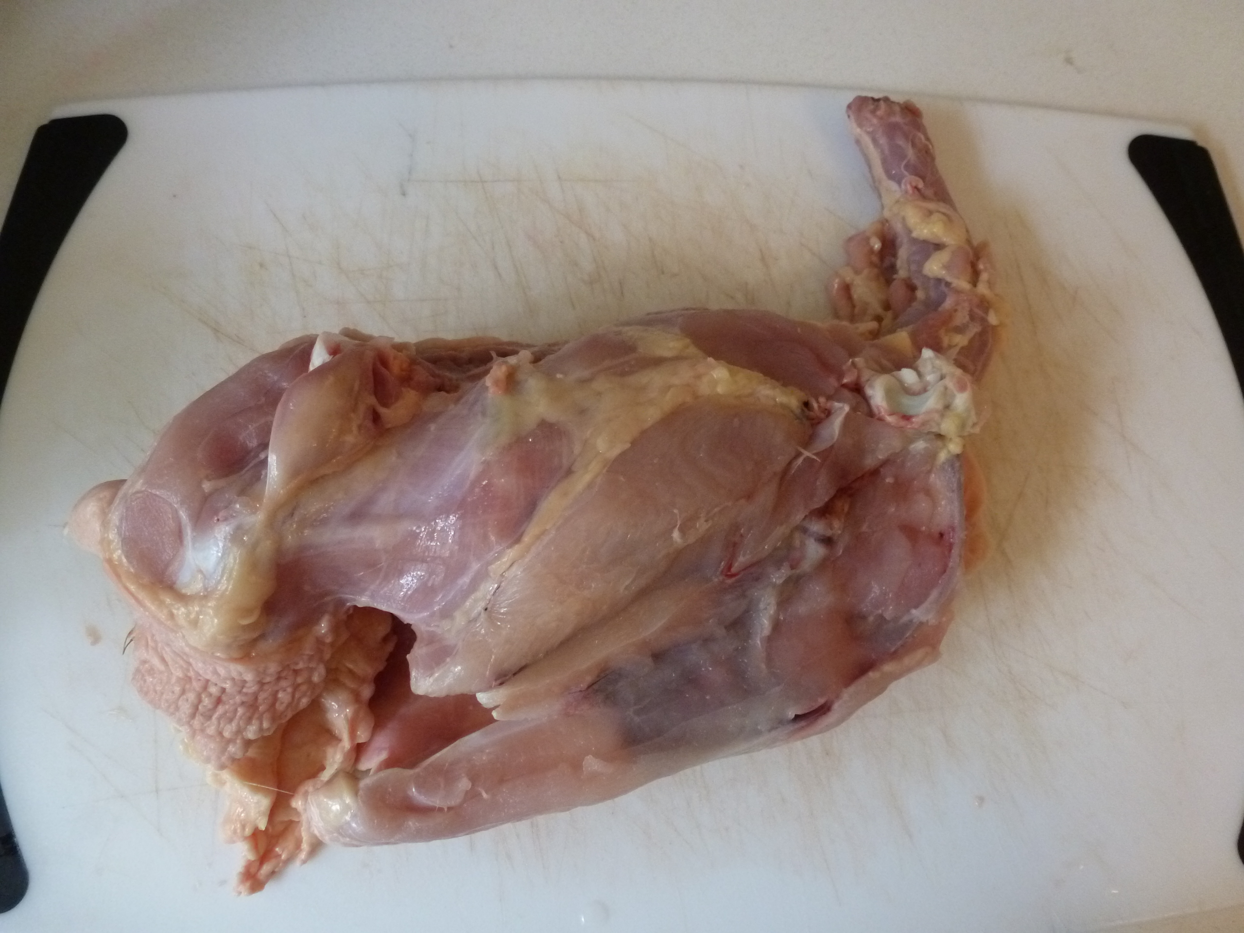 The chicken carcass, legs, breasts, and wings removed