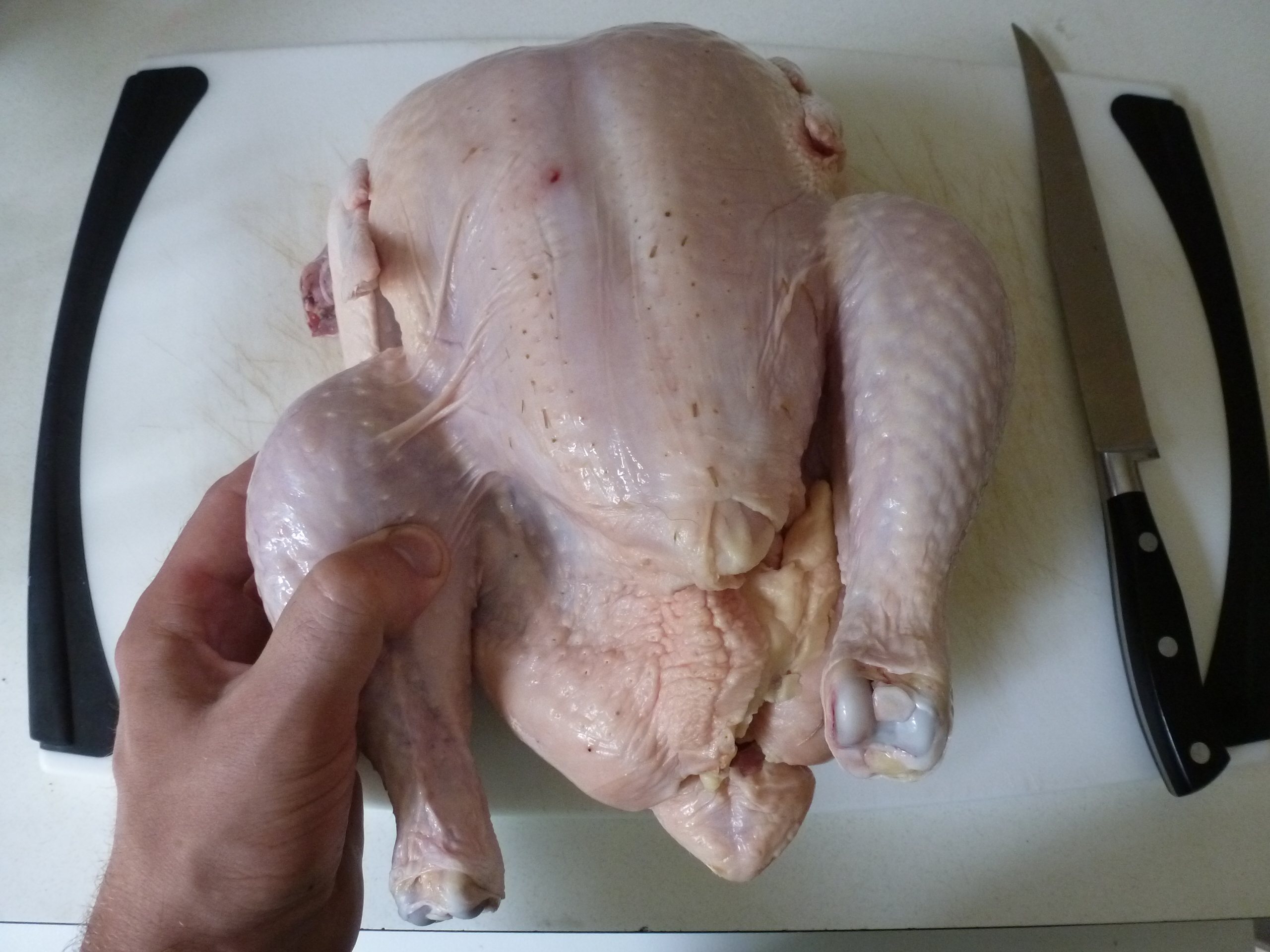 Pulling the leg away from the body of the chicken