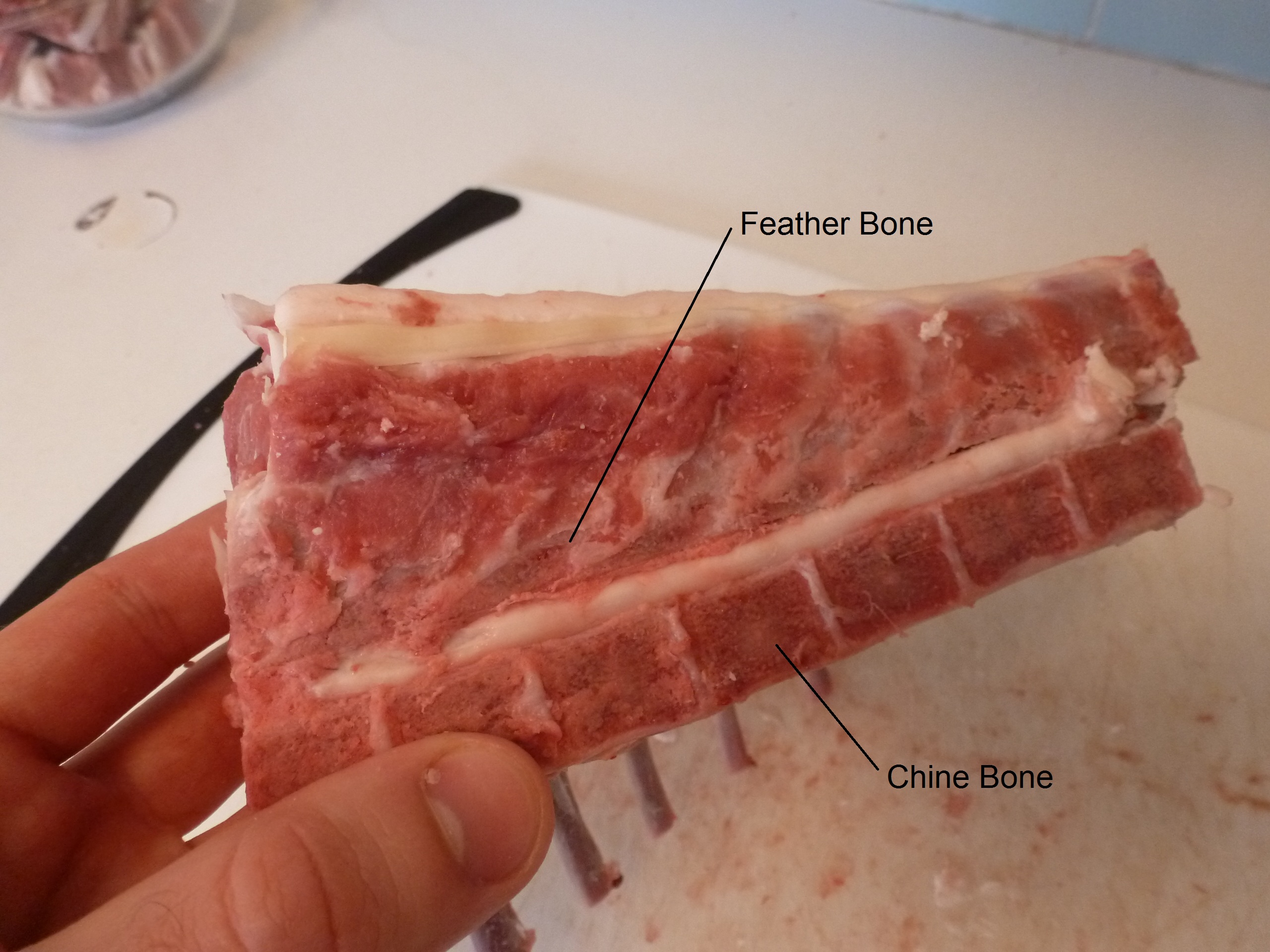 The feather and chine bones on a lamb rack