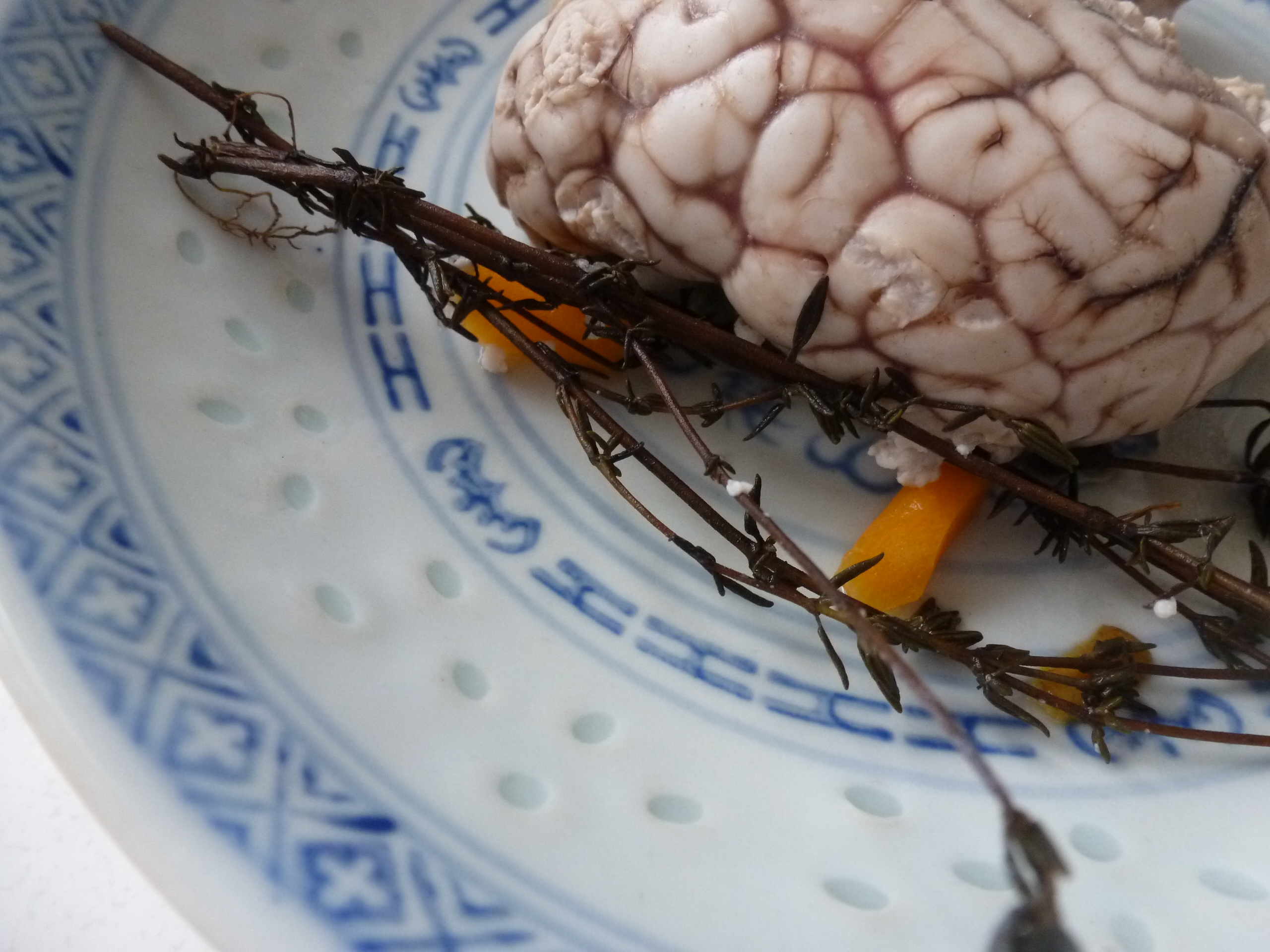 A mostly-cooked lamb brain, with thyme
