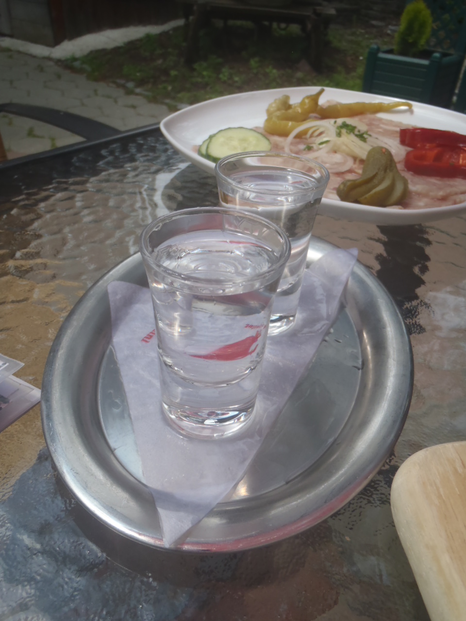 A tray of schnapps at an Austrian heuriger