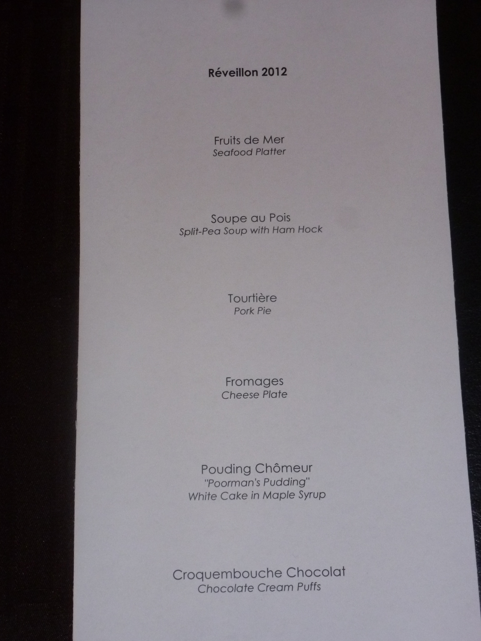 The menu for Réveillon 2012