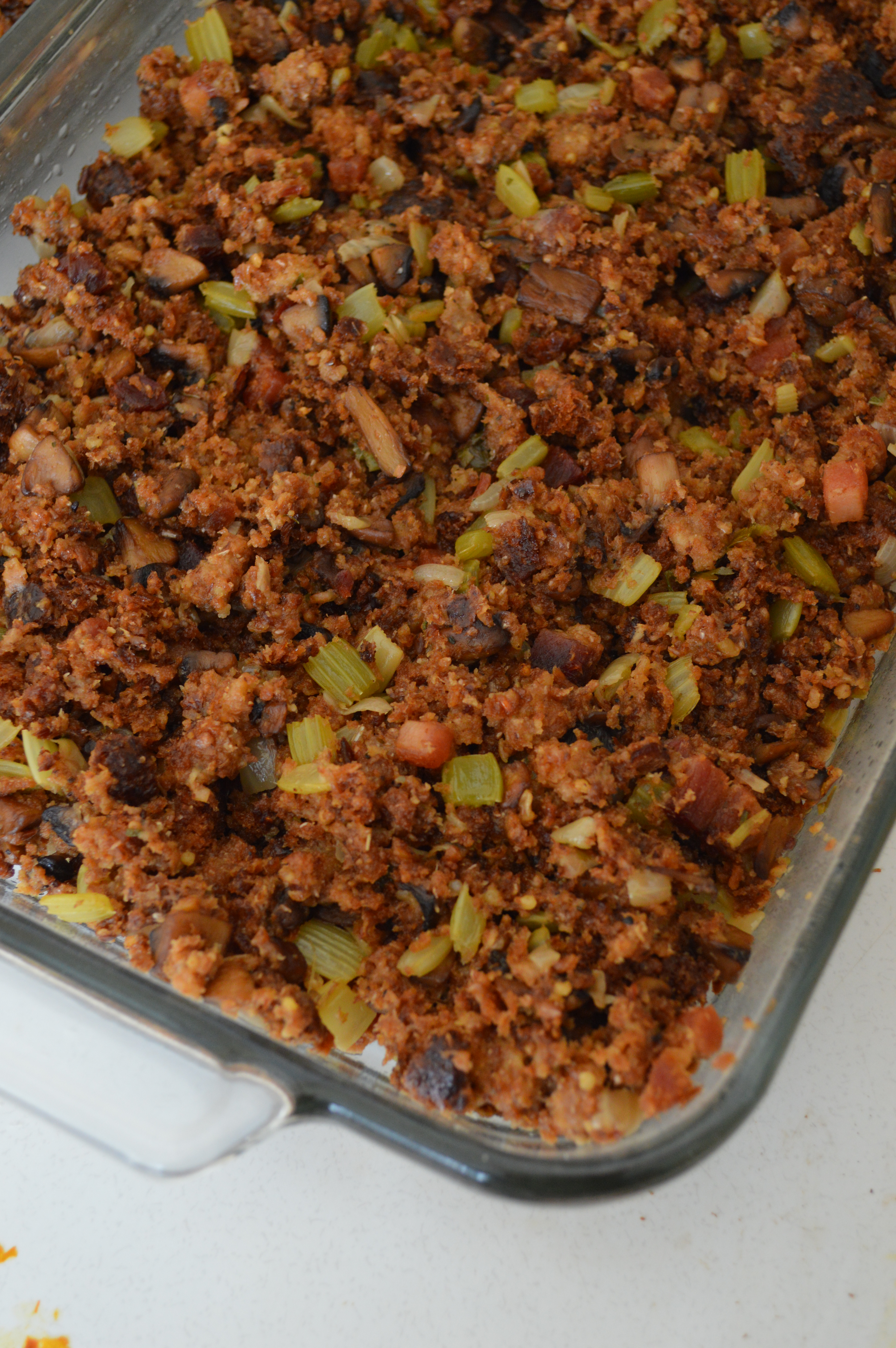 A casserole of Thanksgiving stuffing, or dressing