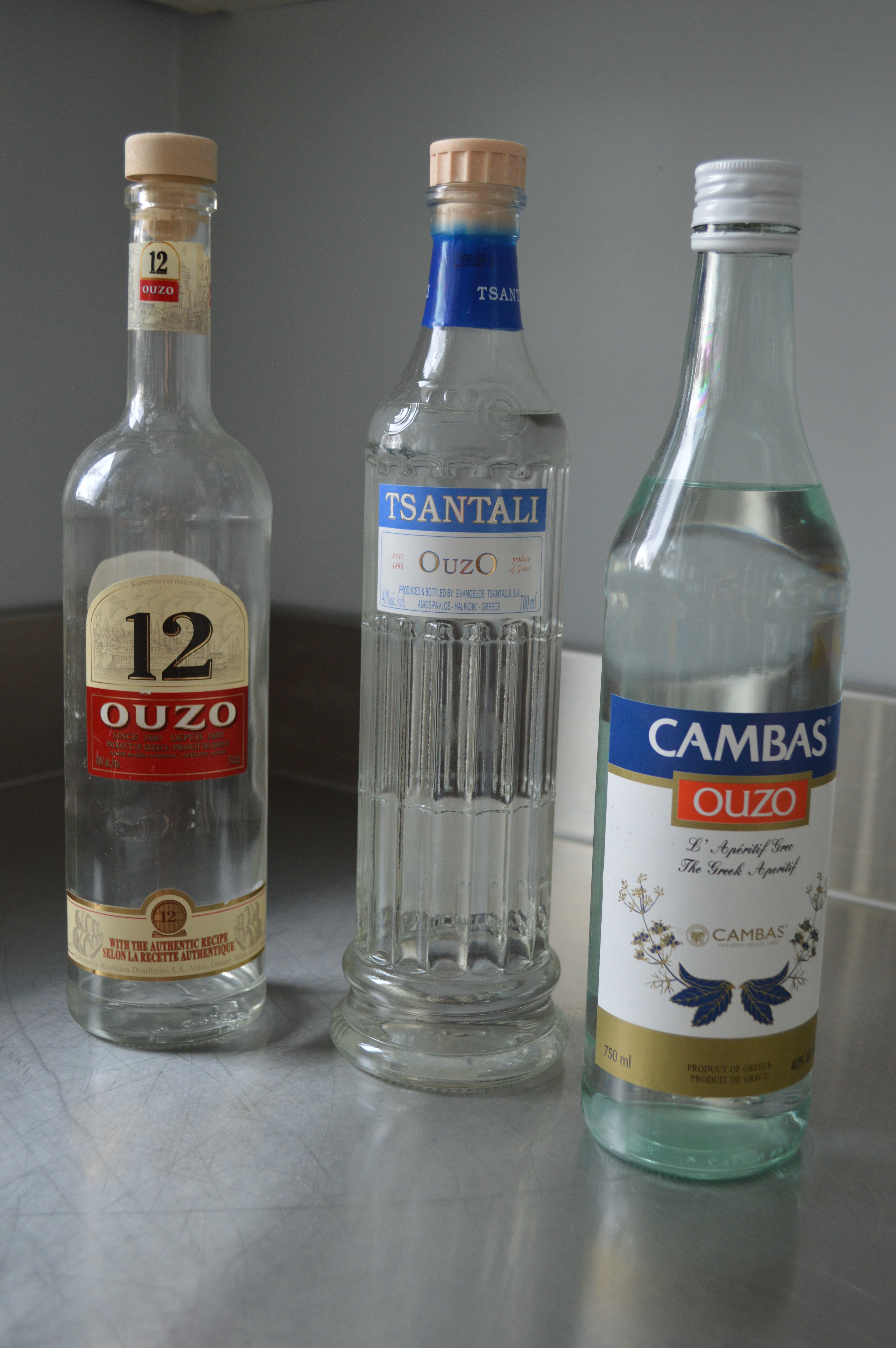 The only three brands of ouzo currently available in Alberta: Ouzo 12, Cambias, and Olympic Ouzo by Tsantali.