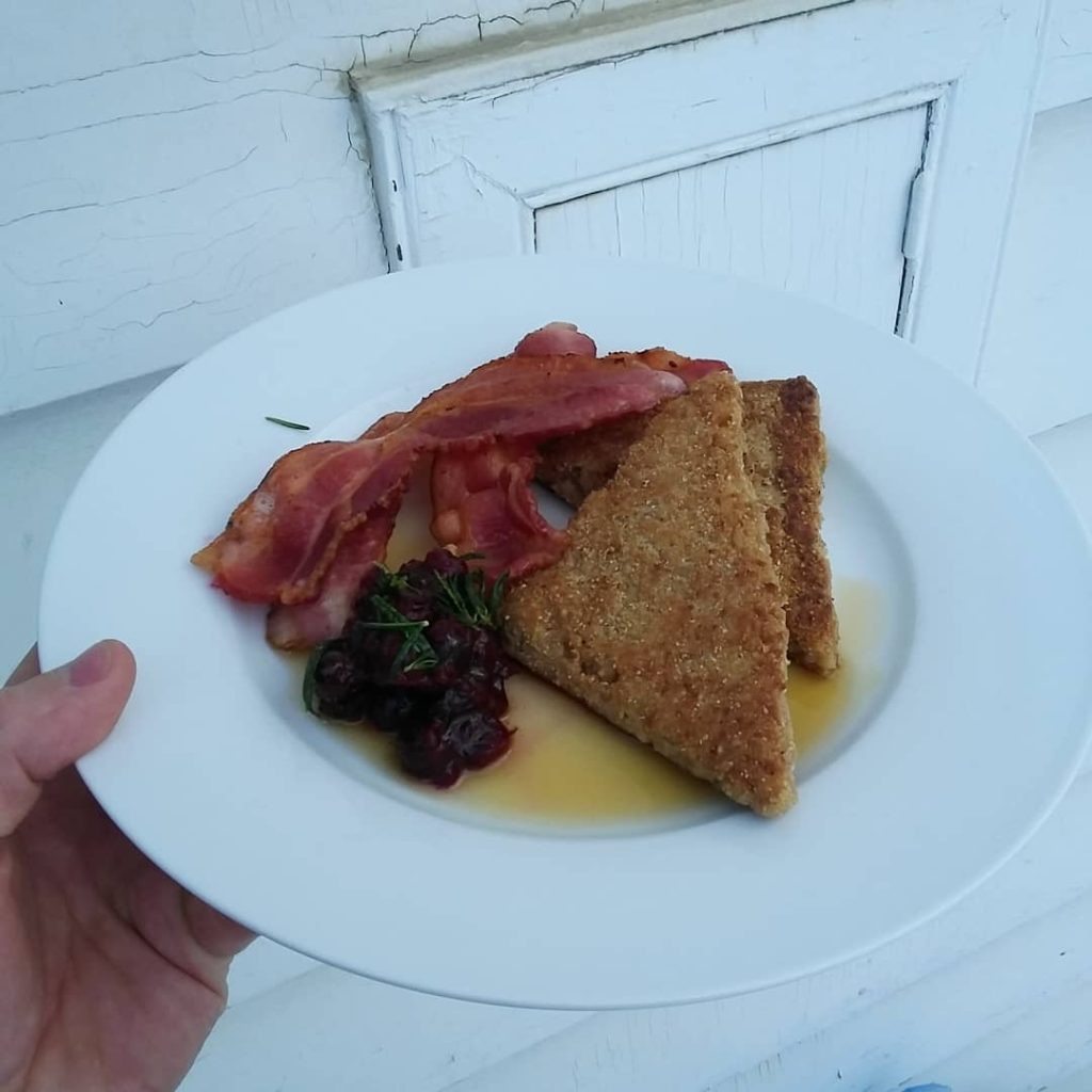 Aunt Dorie's fried porridge with bacon and saskatoon rhubarb compote
