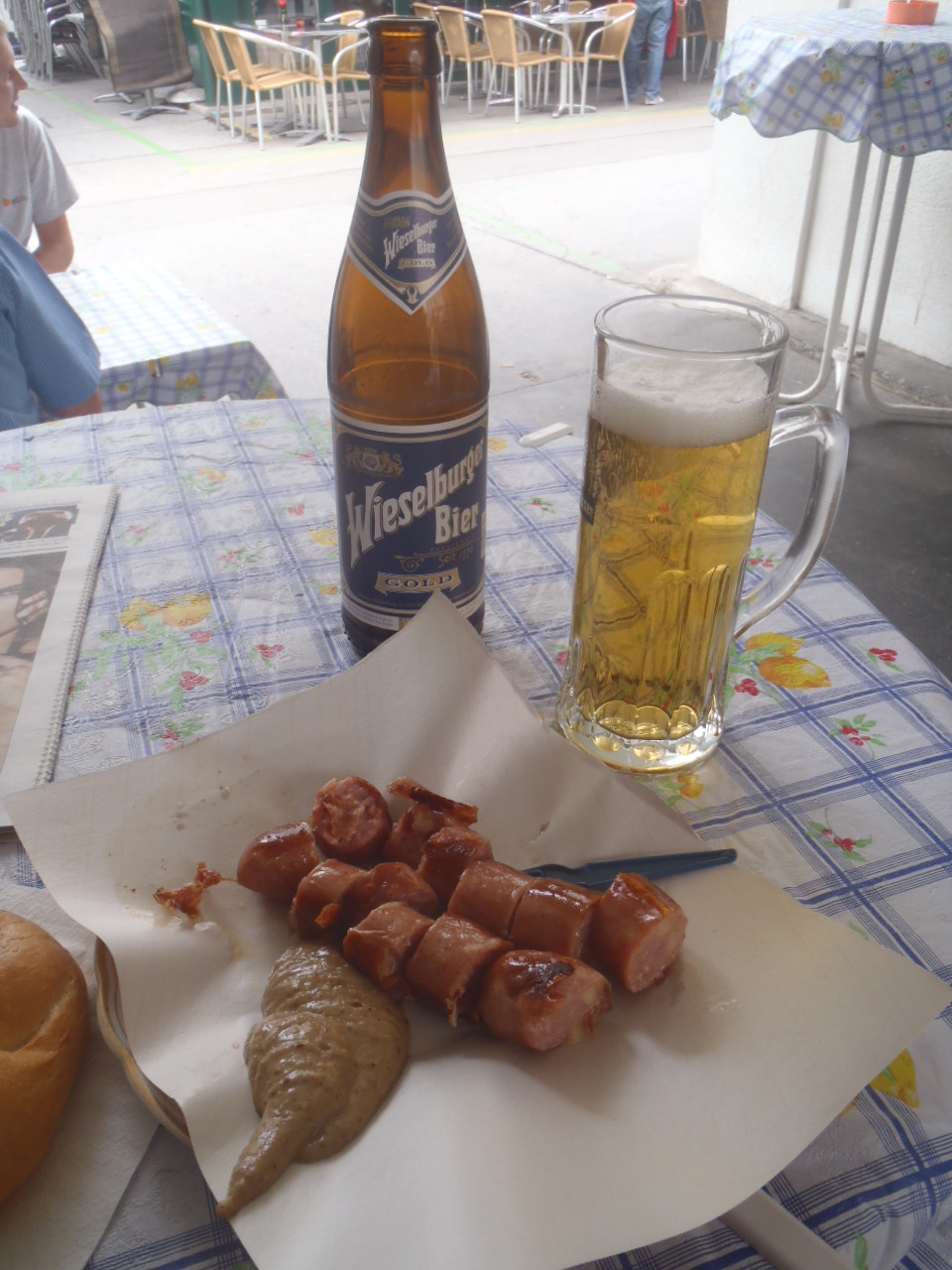 Sausages and beer from an Austrian Wurstlstand.