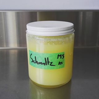 A jar of homemade chicken schmaltz.